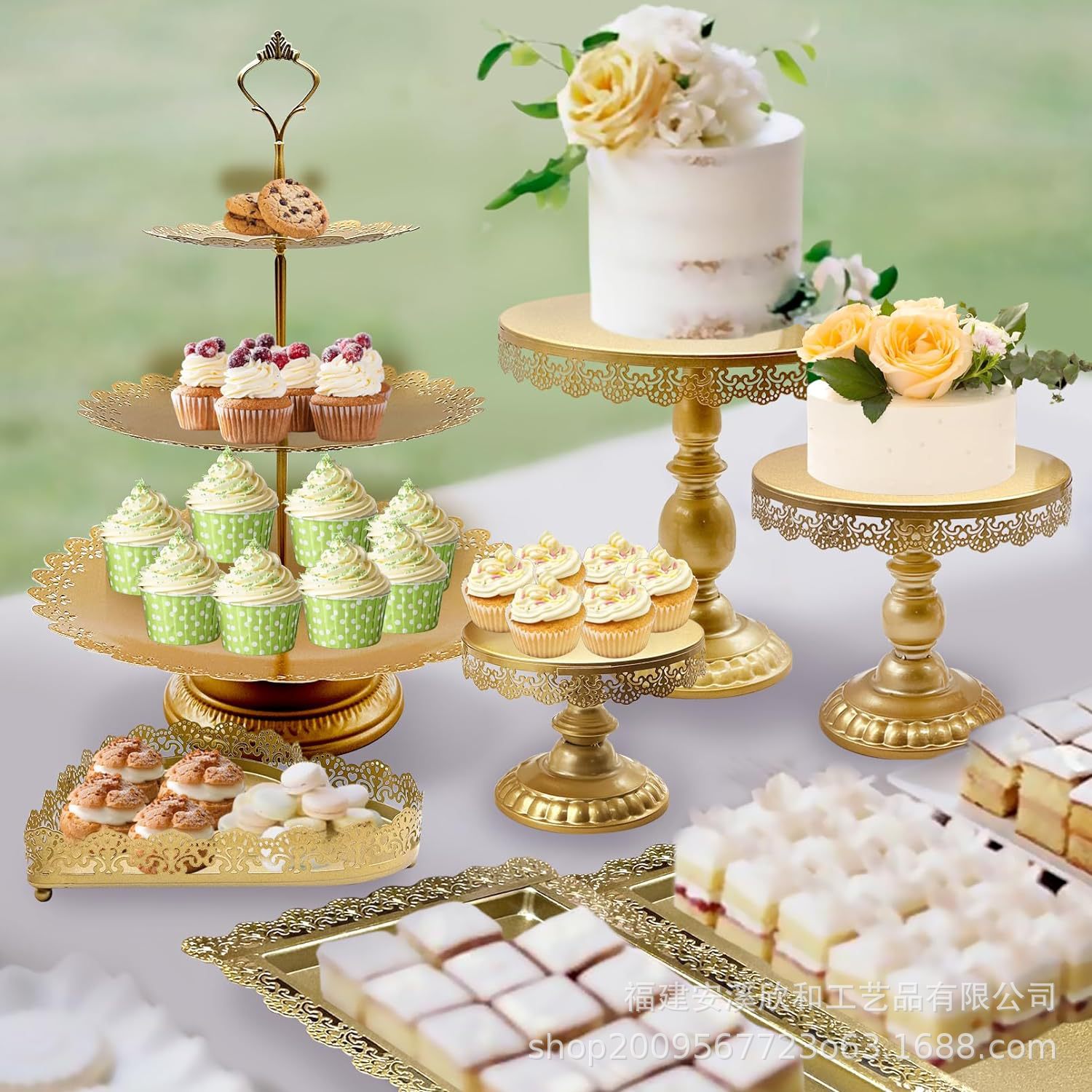 Estante de pastel europeo de hierro forjado conjunto de decoración de boda postres tienda de bocadillos estante de baile prop bandeja de pastel