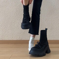 软皮版~2025新款厚底弹力靴女英伦休闲风拼接蝴蝶结松糕底瘦瘦靴