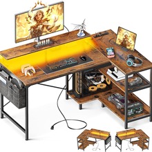 可翻转L型电脑桌带USB插座和LED灯带带显示器支架转角桌家庭办公