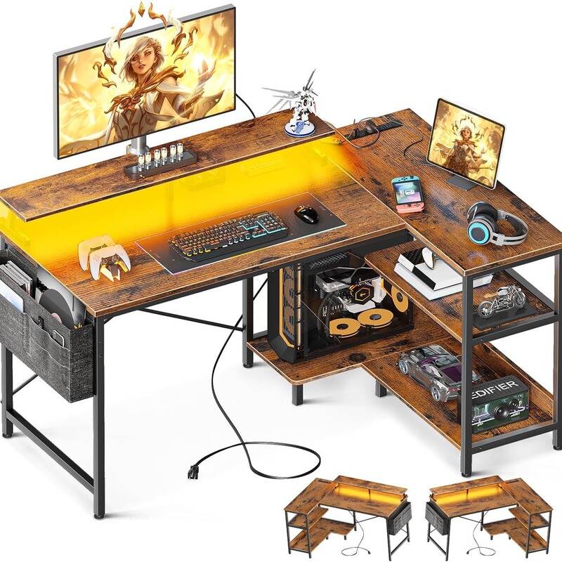 Reversible L-shaped computer desk with USB socket and LED light with display stand corner desk home office