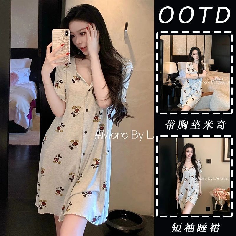Sexy summer nightgown, new ice silk cartoon Mickey 2026 women's pajamas, loose and high-end home wear with chest pads