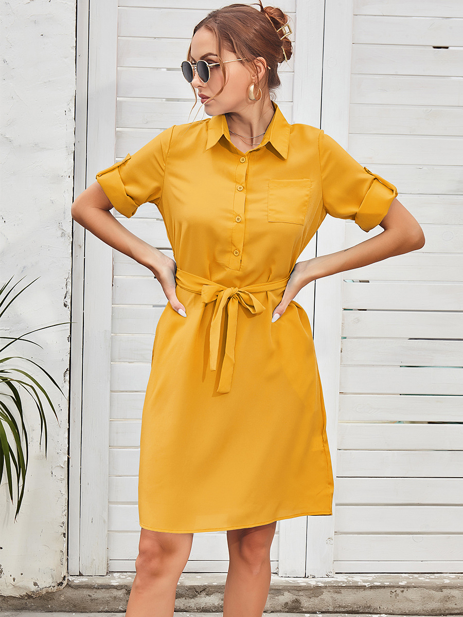 Belt Solid Color Shirt Dress NSAL48488