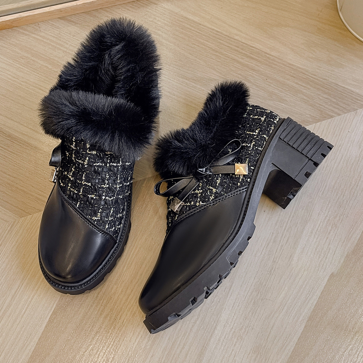 Autumn and winter new round head thick heel women's cotton boots and warm Martin boots_voghion.com