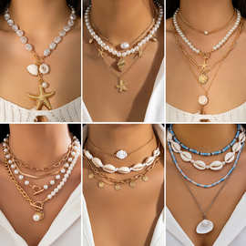 欧美跨境饰品 串珠项链沙滩仿珍珠项饰 海星贝壳复古度假necklace