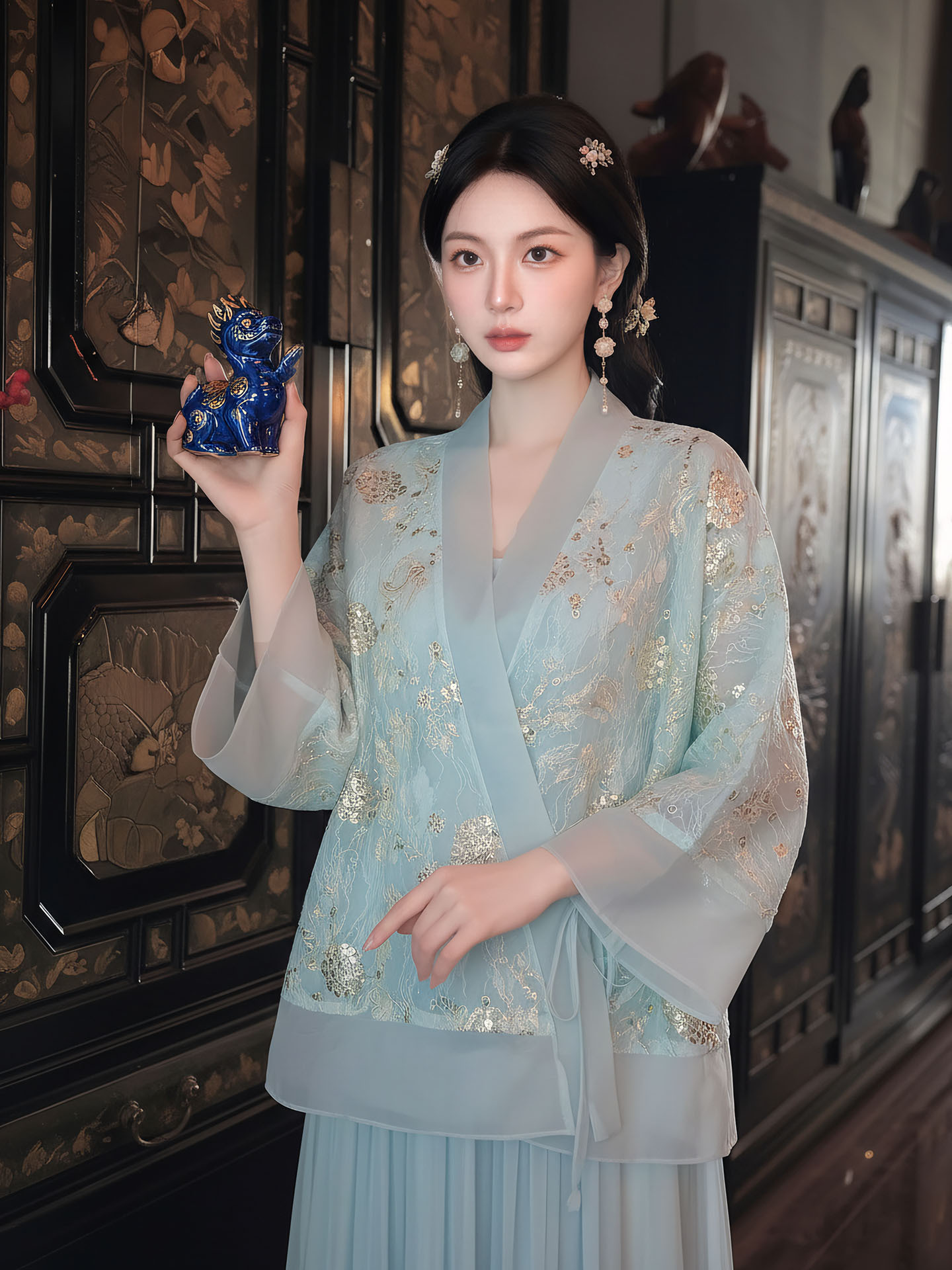 Bộ áo khoác ngoài và đầm dây phong cách Tân Trung Hoa thêu hoa sequin nặng — bộ đồ, đầm dây, áo khoác