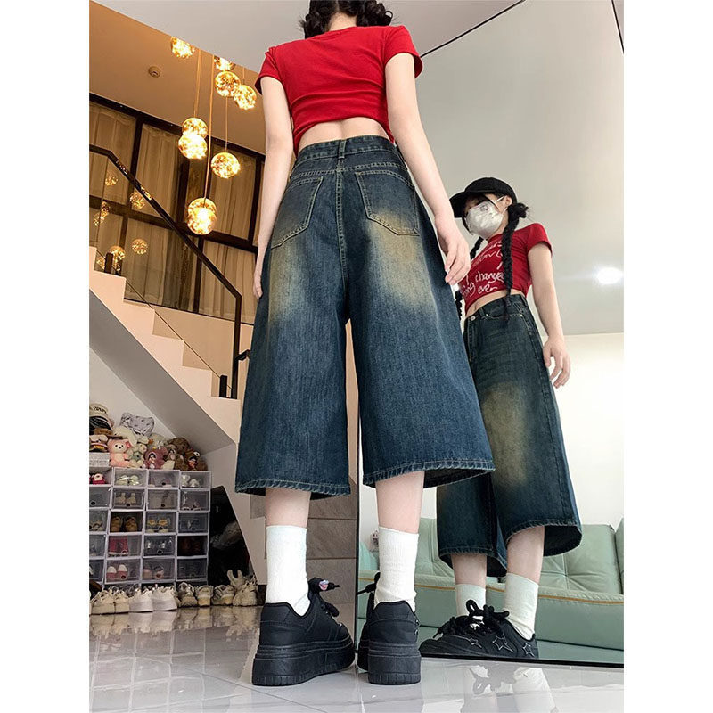 American High Street Retro Wide-Leg Cropped Denim Shorts for Women, Summer High-Waisted Plus-Size Slimming Loose Straight Shorts American High Street Retro Wide-Leg Cropped Denim Shorts for Women, Summer High-Waisted Plus-Size Slimming Loose Straight Shorts