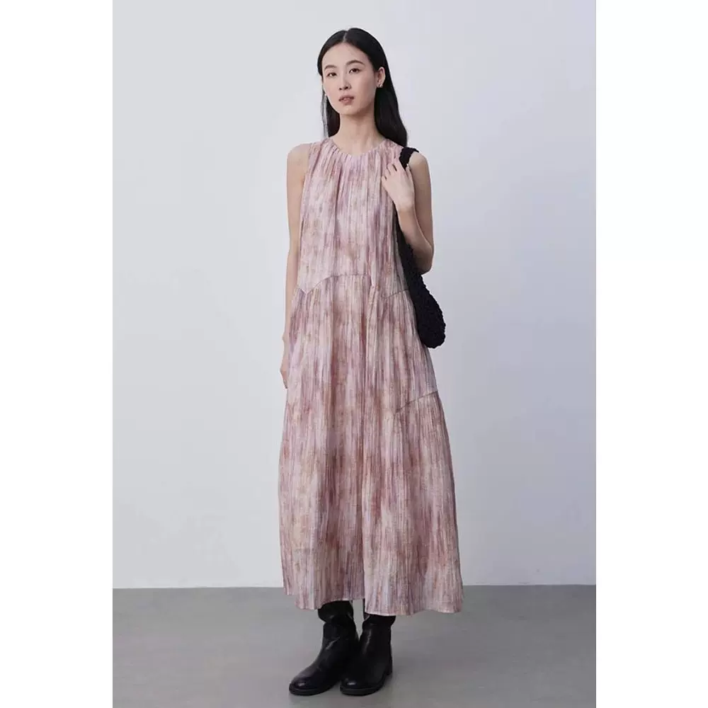 四媛 粉系法式压褶吊带挂脖连衣裙小众扎染背心裙女夏季长裙7868