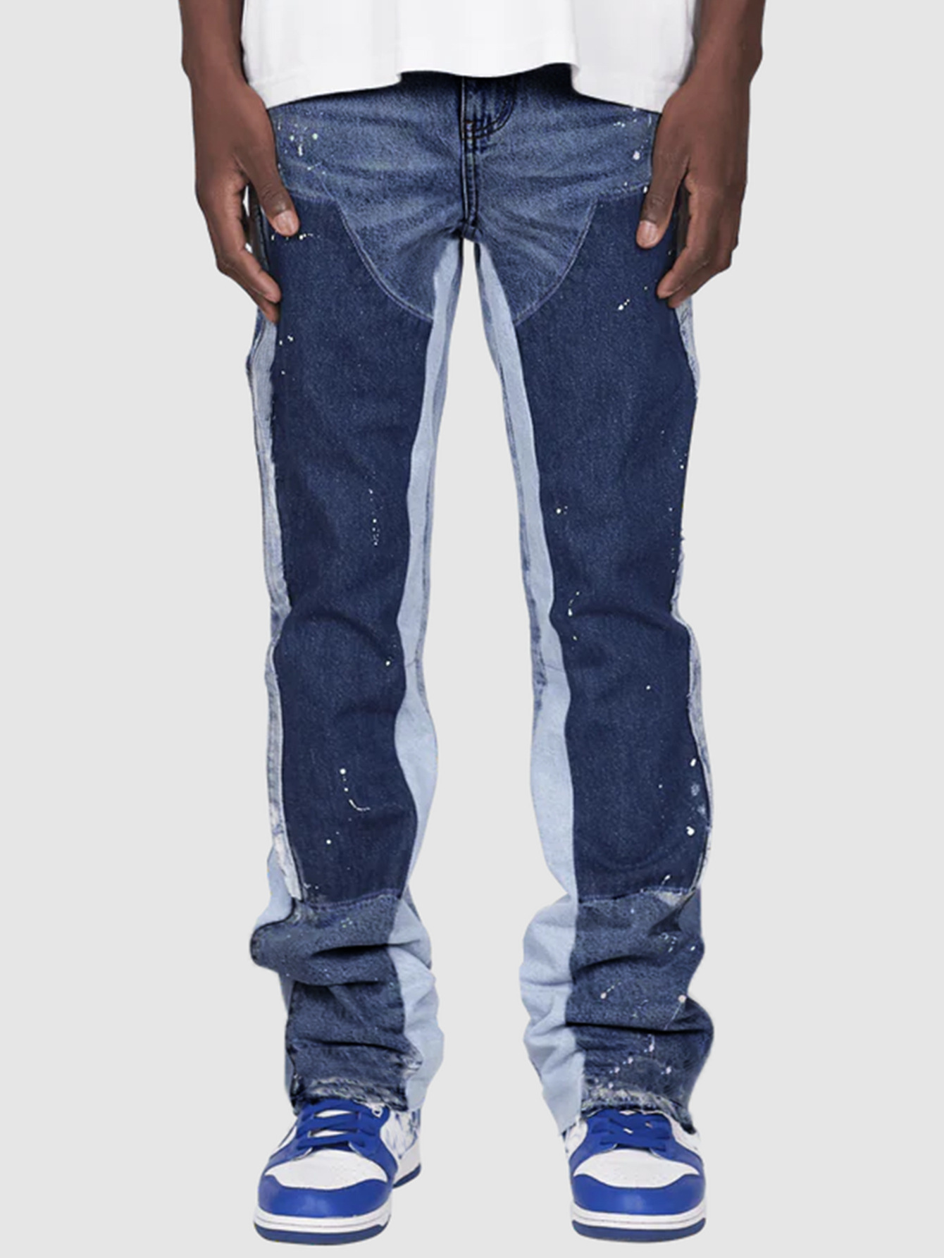 Men's Denim Overalls Fashion Elastic Patch Flared Jeans_voghion.com