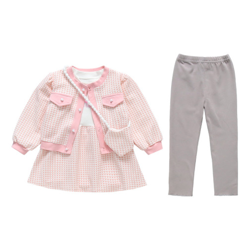 Girls' Autumn Korean Cute Little Fragrance Wind Bags, Small Check Cardigans, Sweet Dresses, Three-Piece Sets