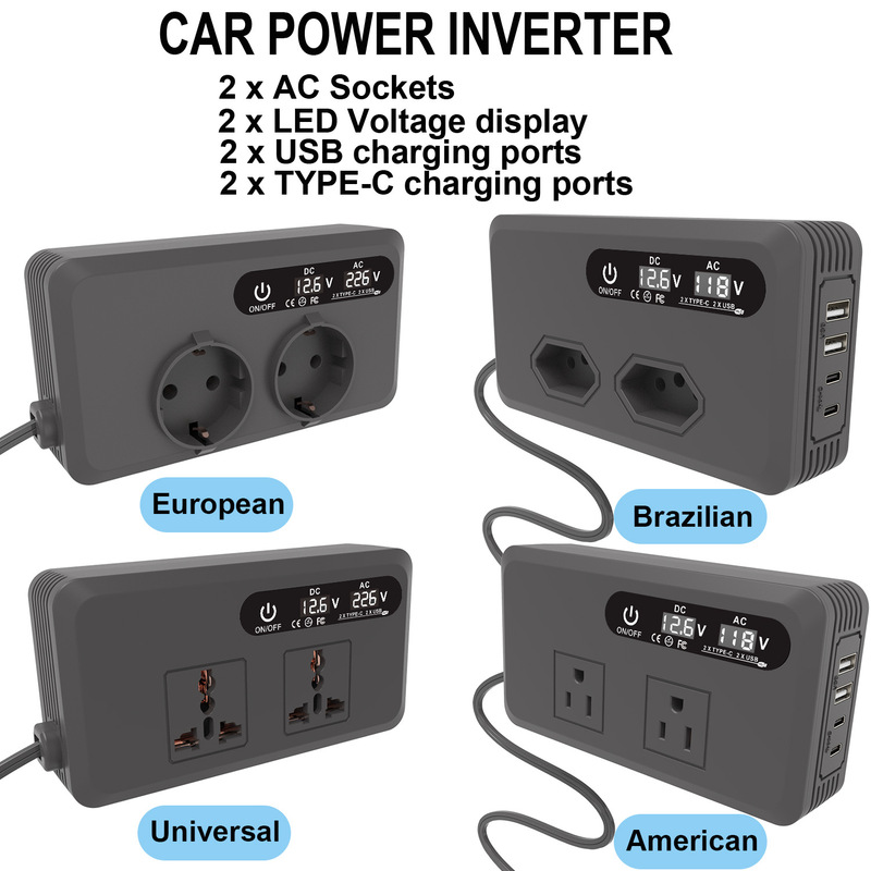Hot Selling Car Inverter 200W Power Converter 12V to 220V 110V Dual Usb+Type-C Dual Socket