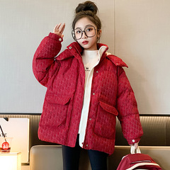 女童冬季棉衣2024新款加厚棉襖中大童夾棉冬裝中長款羽絨棉服紅色