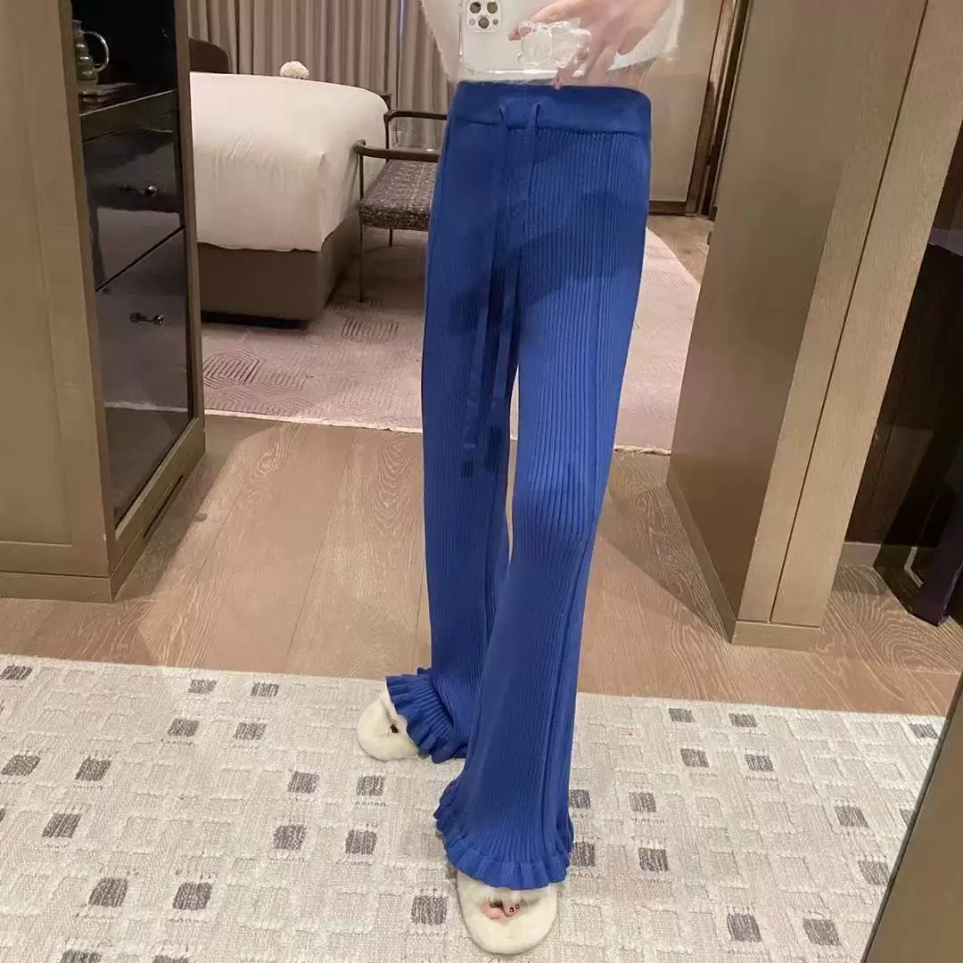 Синие вязаные широкие брюки Klein Fishtail с высокой талией, женские осенне-зимние прямые повседневные брюки с завязками в западном стиле