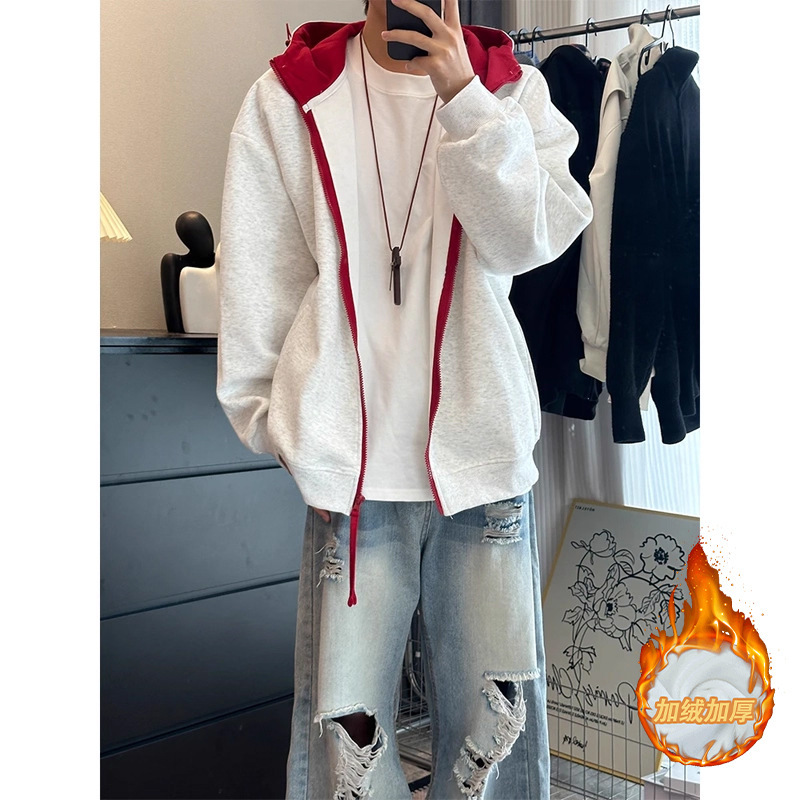Floral Gray Color-Block Hooded Sweatshirt Cardigan for Men, Autumn and Winter Fleece Thick Heavyweight Couple's Jacket, Structured Jacket