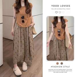 韩系巨好看穿搭一整套2026新款橘色恤上衣女夏季休闲裤两件套