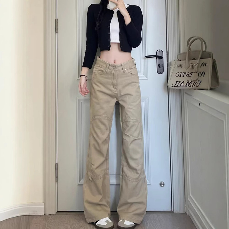 khaki Micro La Jeans Women's Spring and Autumn New High Waist Loose Slim-fit Design Sense Casual Petite Crock Pants