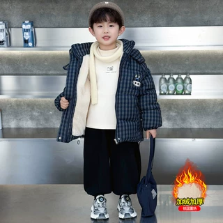 男童棉服冬季2026新款宝宝格子加厚棉袄冬款洋气保暖加绒连帽上衣