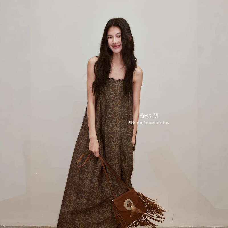 Ress.M Cotton-Linen Printed Long Strap Dress 2026 Summer New Korean Style Long Over-The-Knee Dress for Women