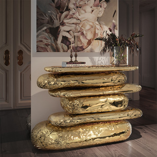 Entrance Console Table with Italian Light Luxury and High-End Feel, Made of Pure Copper and Natural Marble, High-End Sideboard Table