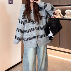 软糯慵懒风拼色条纹连帽2025秋冬毛衣女长袖宽松大码针织开衫外套