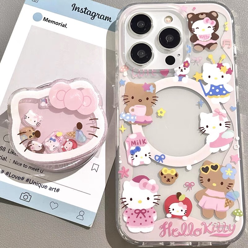 Pink rock kitty cat with magnetic suction for Apple 16promax phone case iphone15/14 soft 12