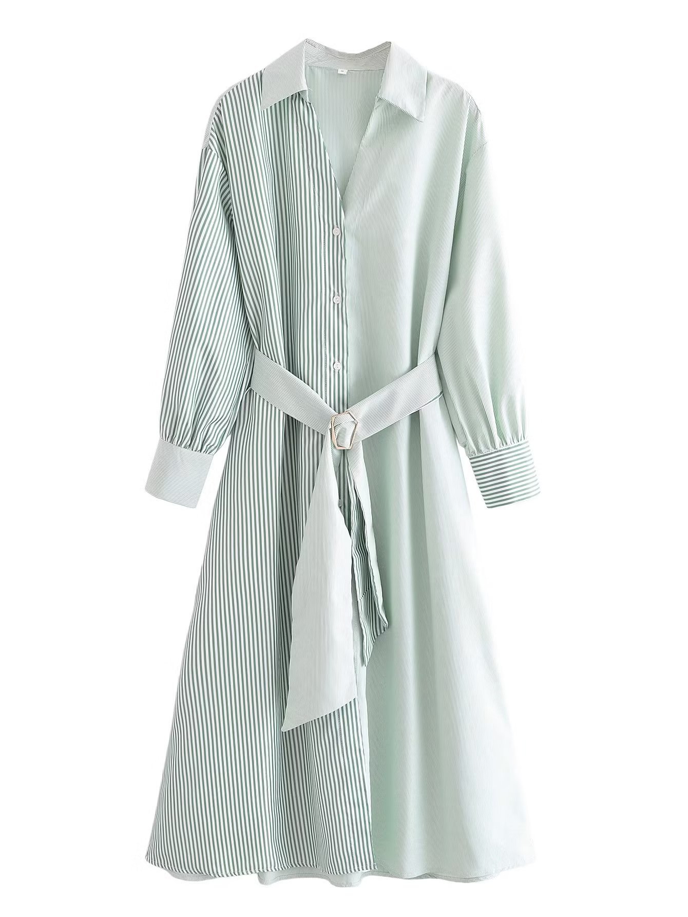 solid color lapel striped stitching waist tie shirt dress NSAM136053