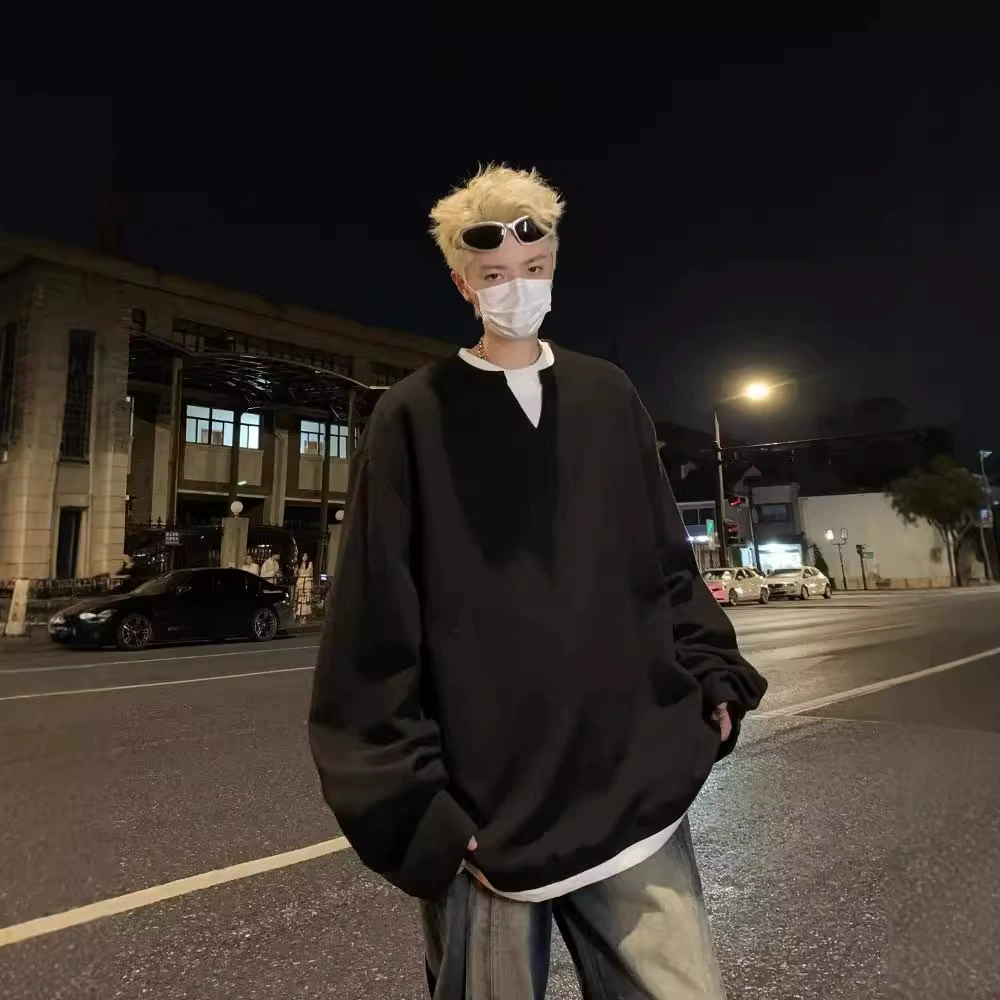 Подростковые вафли поддельные два V-образного воротника свитера мужской летний осенний американский ретро простой футболка с длинными рукавами