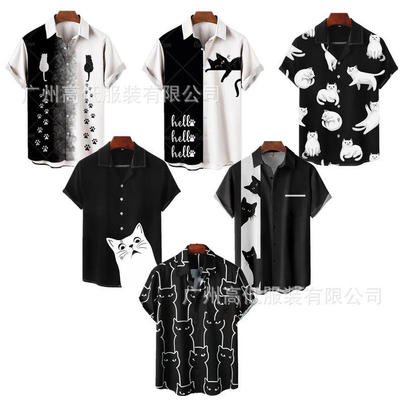 24 New Summer Cat Series Loose Black and White Shirt Thin Men's Travel Beach Short-Sleeved Shirt