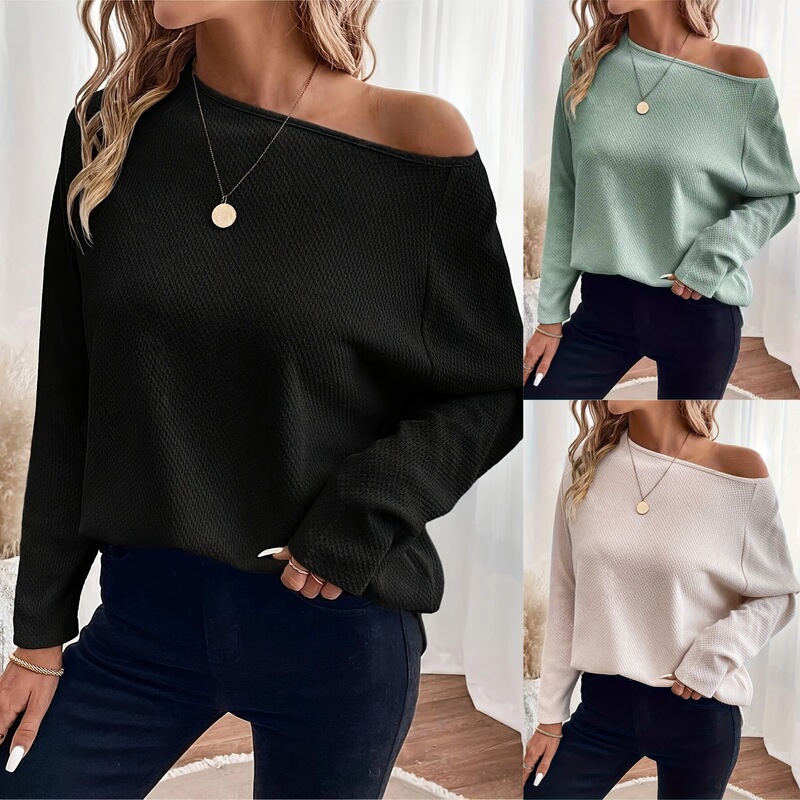 2026 Autumn New Women's Fashion Amazon European and American Style Knitted Waffle Off-Shoulder Pullover T-Shirt 2026 Autumn New Women's Fashion Amazon European and American Style Knitted Waffle Off-Shoulder Pullover T-Shirt
