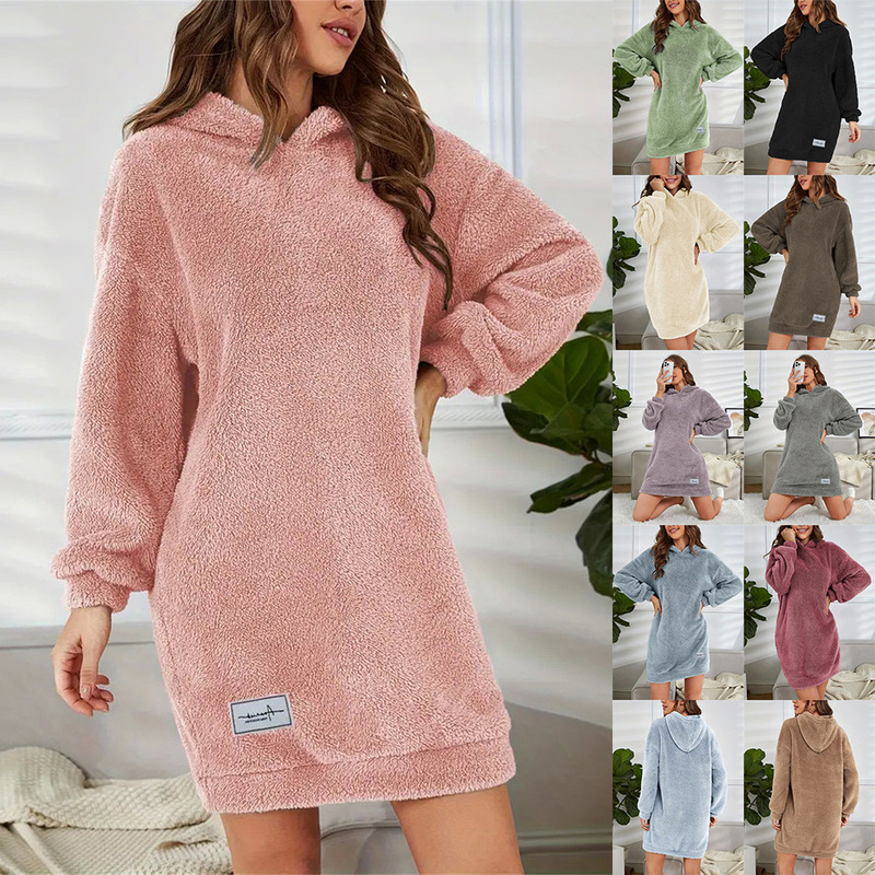 2024 European and American Cross-Border Amazon Women's Hooded Long-Sleeved Plush Dress Loose Sweatshirt Women's Hoodie