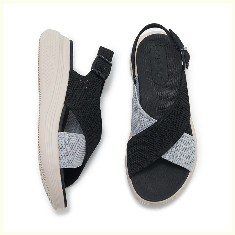 Sandal nữ quai chéo dệt kim phối dây rút, đế MD nhẹ êm — màu be, màu đen, xanh lam, màu hồng chi tiết 28