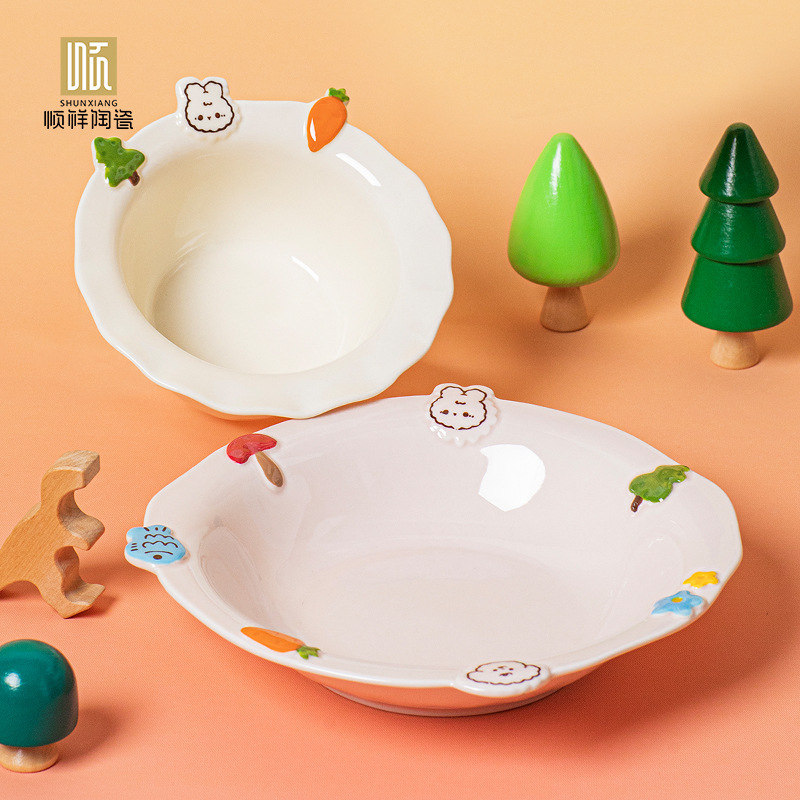 Shunxiang Ceramics【Forest Cute Friends】Tableware Household Plates Cute Creamy Style Underglaze Color Rice Bowls and Plate Set