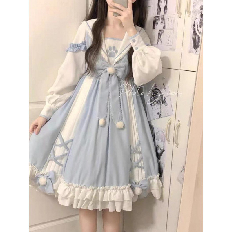 大码女装300斤软妹洋装lolita蓝色连衣裙洛丽塔日常学院风轻lo裙|undefined