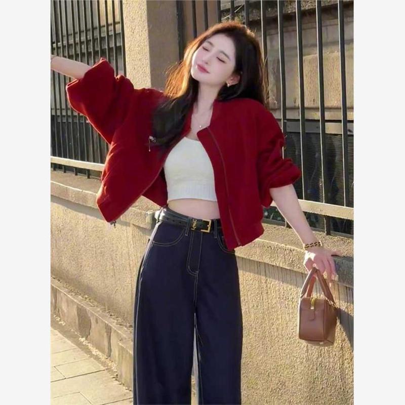 小香风安可拉红色宽松百搭2025外套女早秋短款夹克棒球服上衣开衫|undefined
