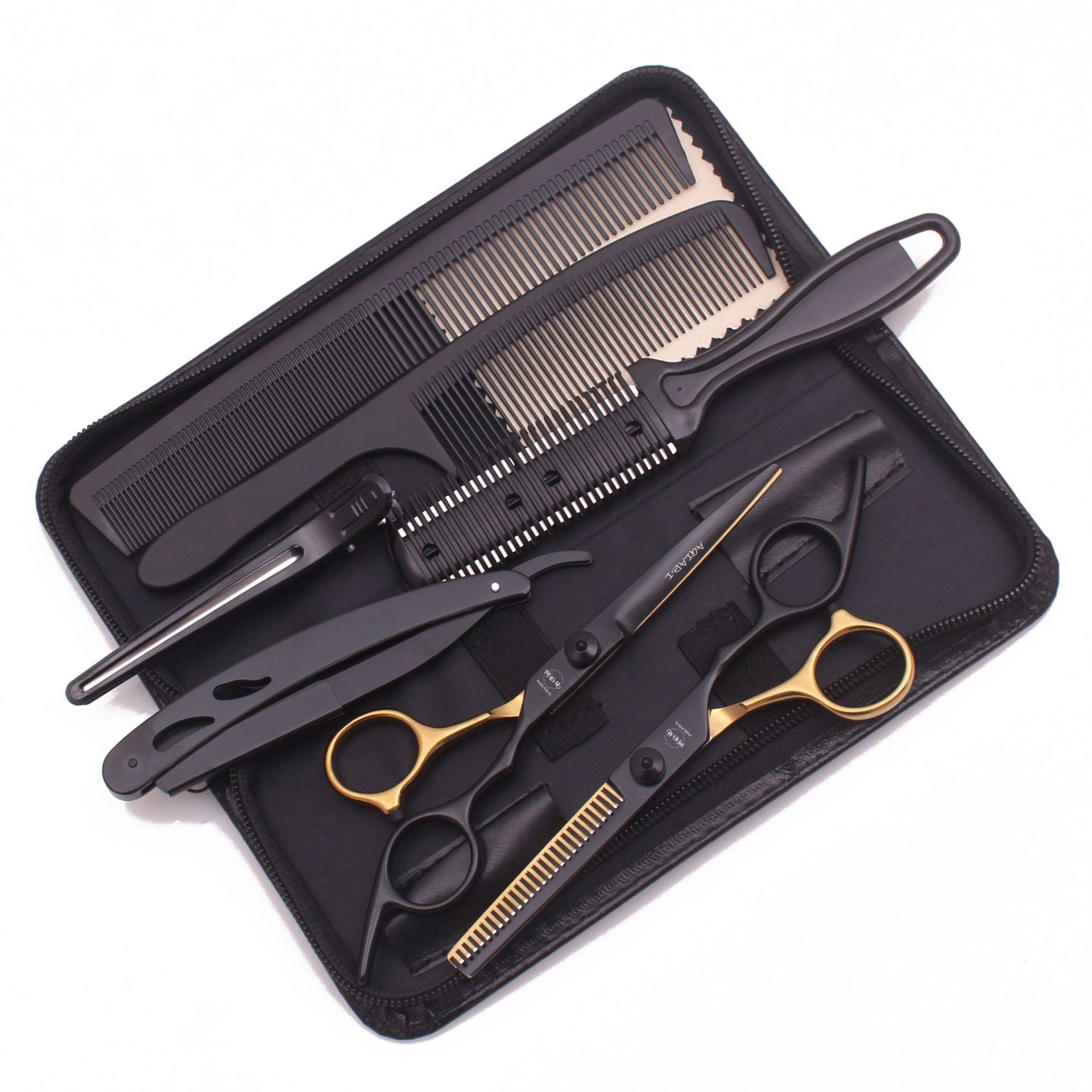 Achabyi Black Gold Household Haircutting Scissors, Beginner's Styling Flat Shears, Thinning Shears, Bangs Trimmers, Hair Cutting Comb with Scraping Knife Set
