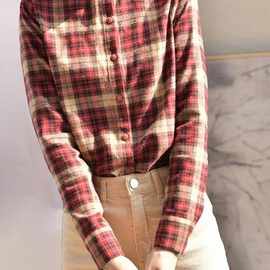 磨毛格子加绒打底衫女新款荷叶领保暖衬衫长袖内搭洋气上衣外套