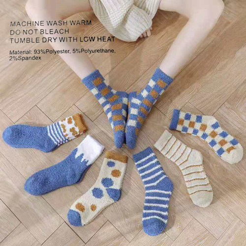 Wholesale coral fleece socks home floor socks women's milk plaid mid-tube thickened warm sleep socks blue series