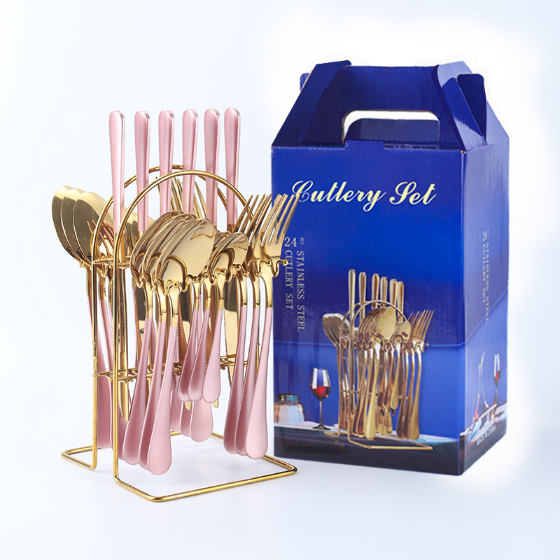 Amazon popular vajilla de acero inoxidable 24 piezas traje 1010 cuatro piezas principales cuchillo de comida occidental, tenedor y cuchara traje rack caja de regalo