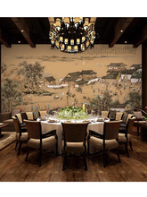 古典饭店墙纸清明上河图建筑餐厅壁画火锅店复古壁纸包间背景墙布