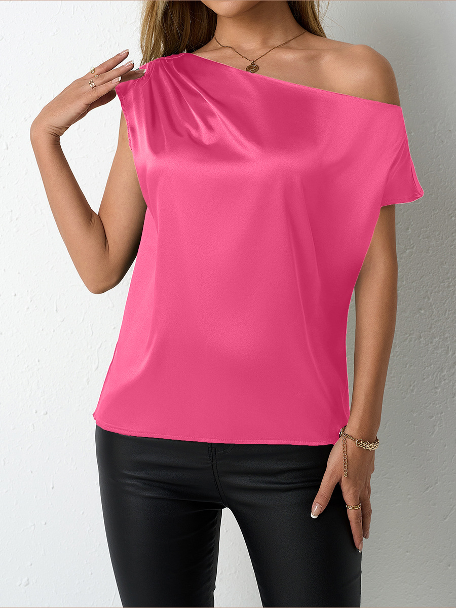 Tiro real Ropa de mujer europea y americana 2025 Camisa de satén de primavera y verano Camisa de cuello inclinado irregular de seda de imitación