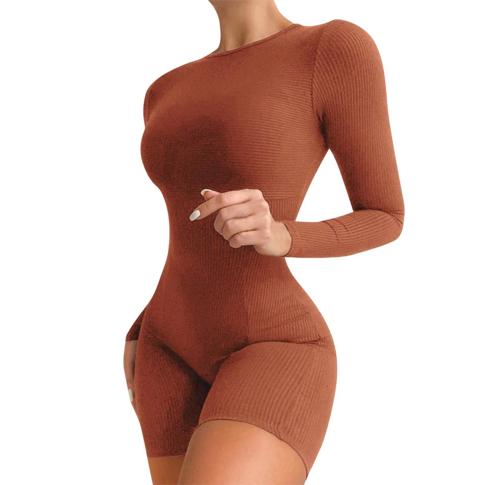 Cross-border 2024 Fashion Women's Long-sleeved Jumpsuit Shorts Long-sleeved Sexy Slim-fit Jumpsuit Crewneck Jumpsuit