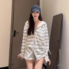 韩系休闲宽松防晒开衫条纹长袖T恤女秋季设计感遮肉显瘦罩衫上衣1