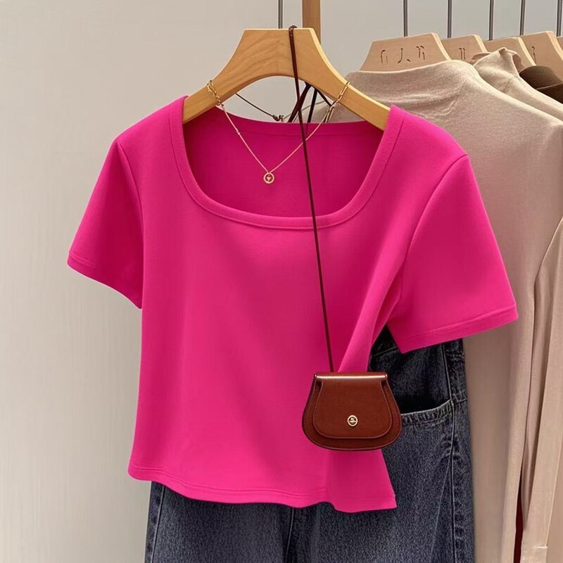 Women's Summer Slim-Fit Square-Neck Short-Sleeve T-Shirt, Solid Color, Short Design, Stylish Top