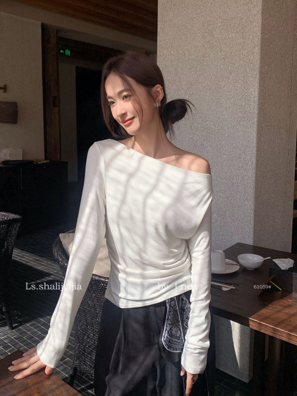 LS述致 纯色荡领长袖针织上衣2025早秋新品T恤打底衫女装 61059#|undefined