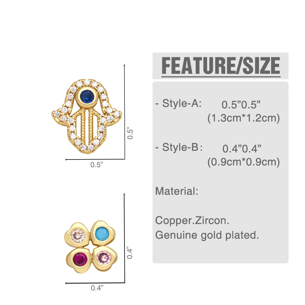 Retro Color Zircon Four-leaf Clover Eye Palm Copper 18k Gold-plated Earrings display picture 1