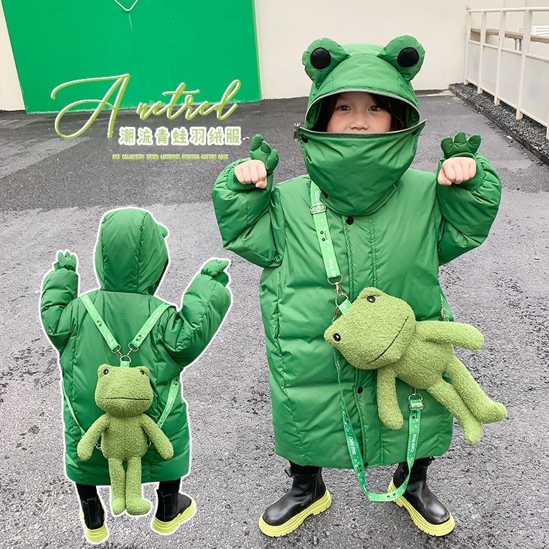 Frog-shaped children's down jacket, suitable for boys and girls, thickened with white duck down, mid-length coat, cute and warm.