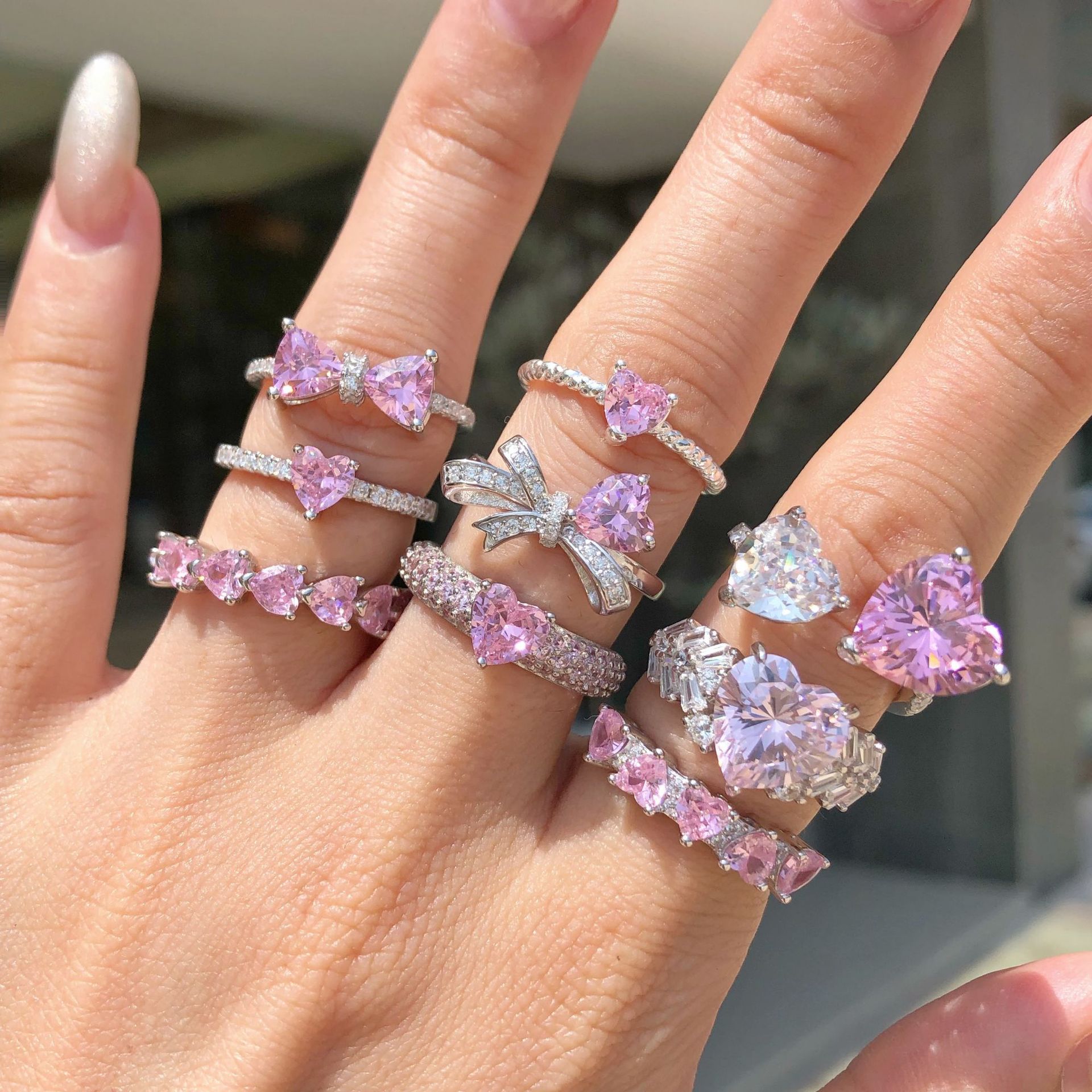 5g Weight Zircon Inlay Material Rings Classification 6, 7, 9 Ring Size 1 Piece Quantity Holiday, Daily Occasion 925 Sterling Silver Material Heart Shape, Bow Knot Pattern Women's Gender Plating, Inlay Design Sweet, Shiny Style 925 Sterling Silver Zircon Heart Shape Bow Knot Rings 无
