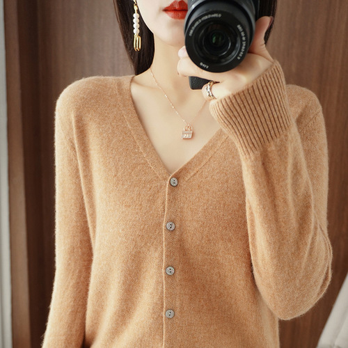 Spring and Summer V-neck Loose Fit Plus Size Women's Thin Version Versatile Long Sleeve Outerwear Knit Sweater Casual Set