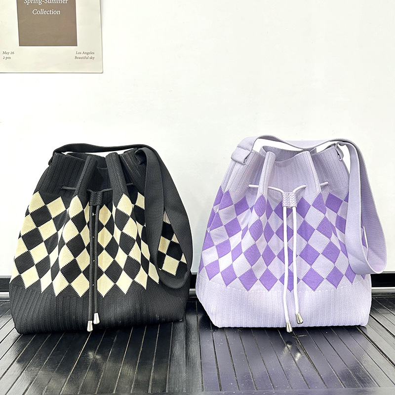 Nuevo bolso de cubo con cordón, bolso de punto, bolso de mano casual de gran capacidad, tablero de ajedrez, bolso tejido de moda de doble clavija