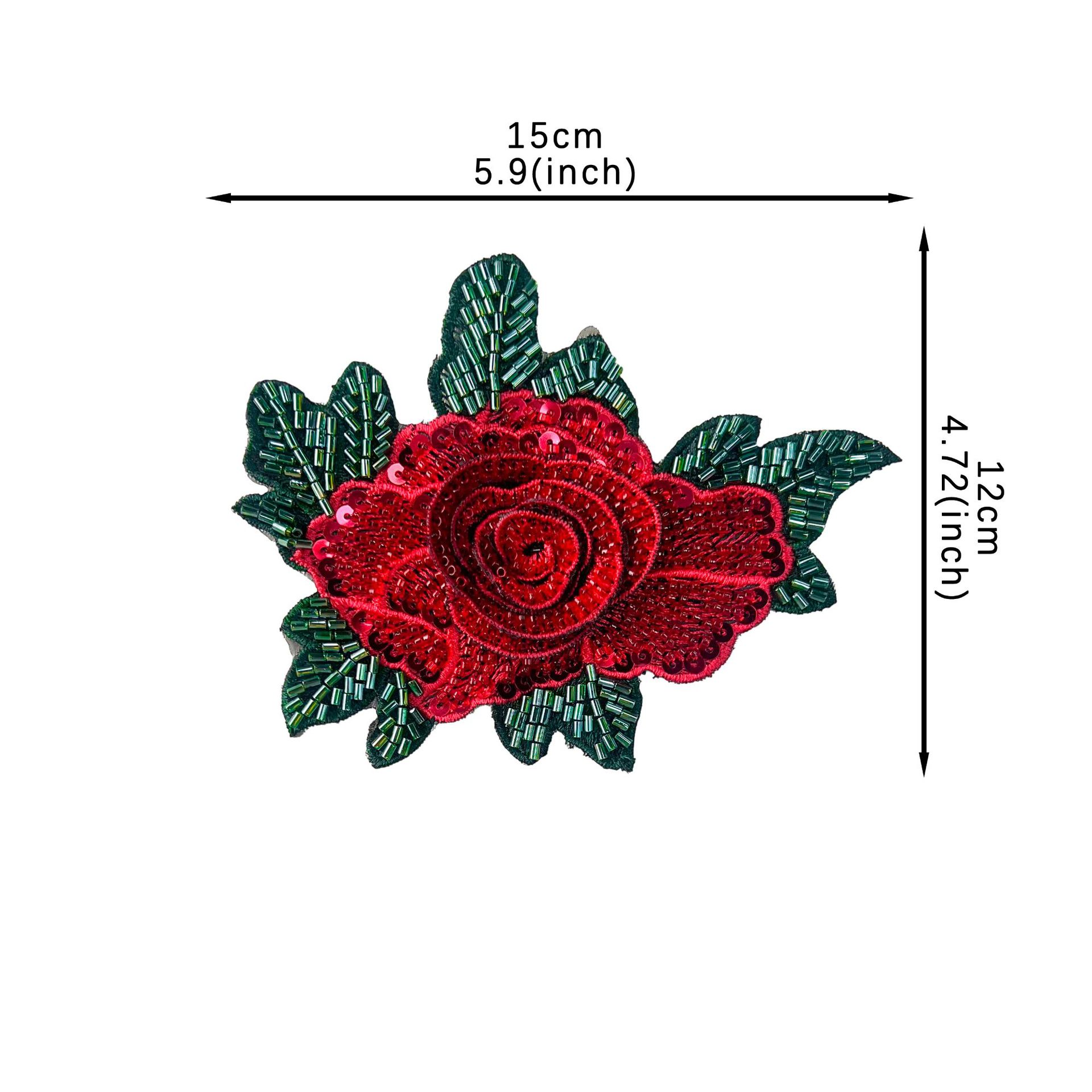 Rosa roja pequeña de alta densidad flor bordado con cuentas pegatinas de tela ropa falda ropa parche de estilo étnico cosido a mano