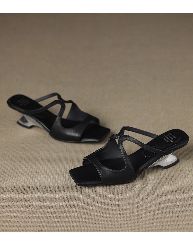 Sandal nữ da bò mũi vuông hở ngón gót lạ mắt — màu đen, màu trắng ngà, bạc chi tiết 22